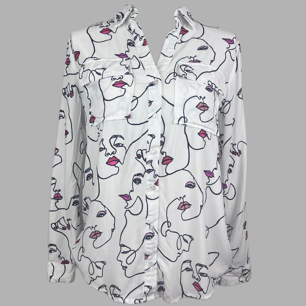 Milk & Honey Women’s Sz S Long Sleeve Button Down V Neck Collard Blouse Abstract